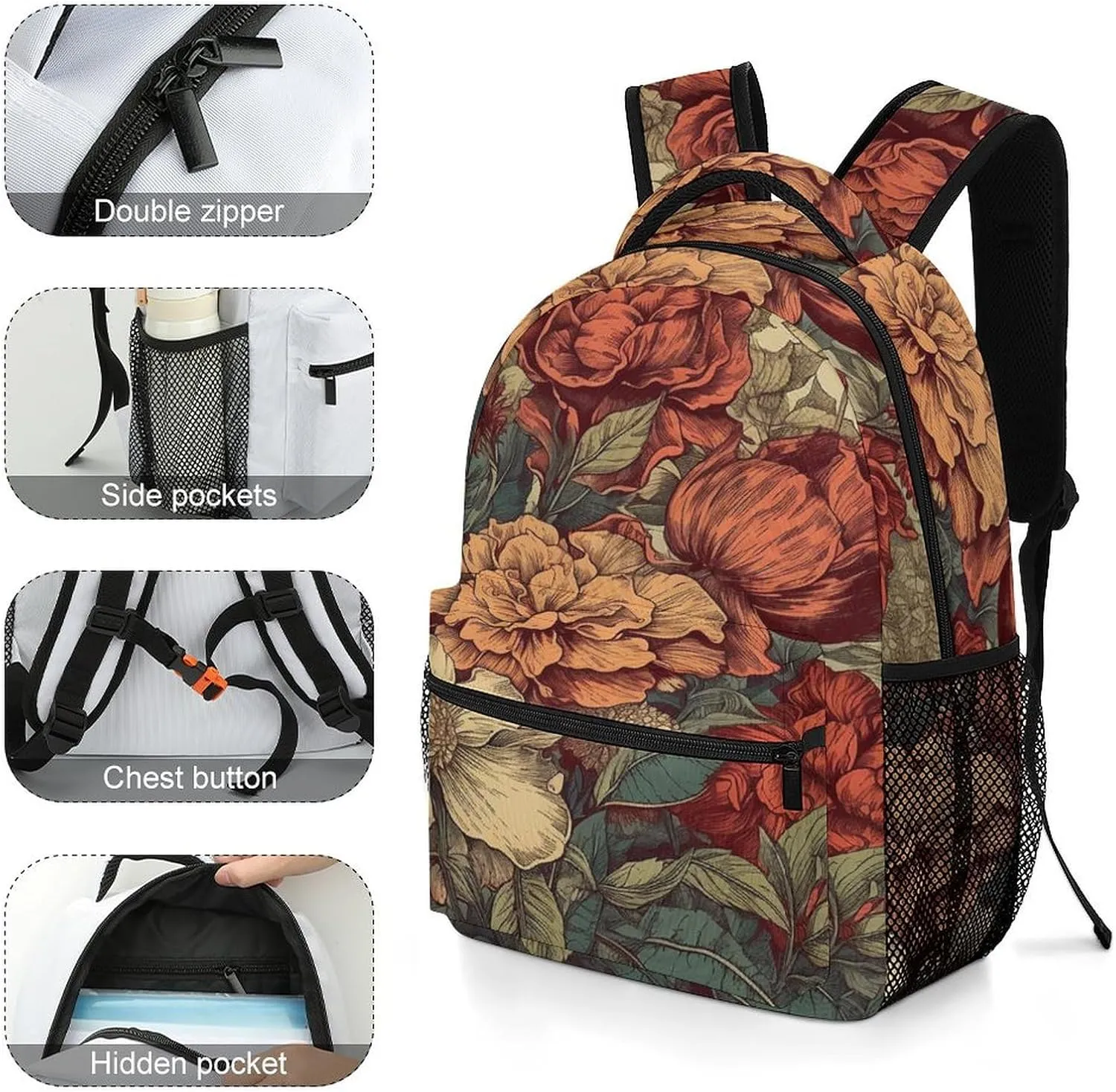 Small Backpacks Personalized Retro Flower Colors Printing Travel Bag Lightweight Travel Backpack For Women Men