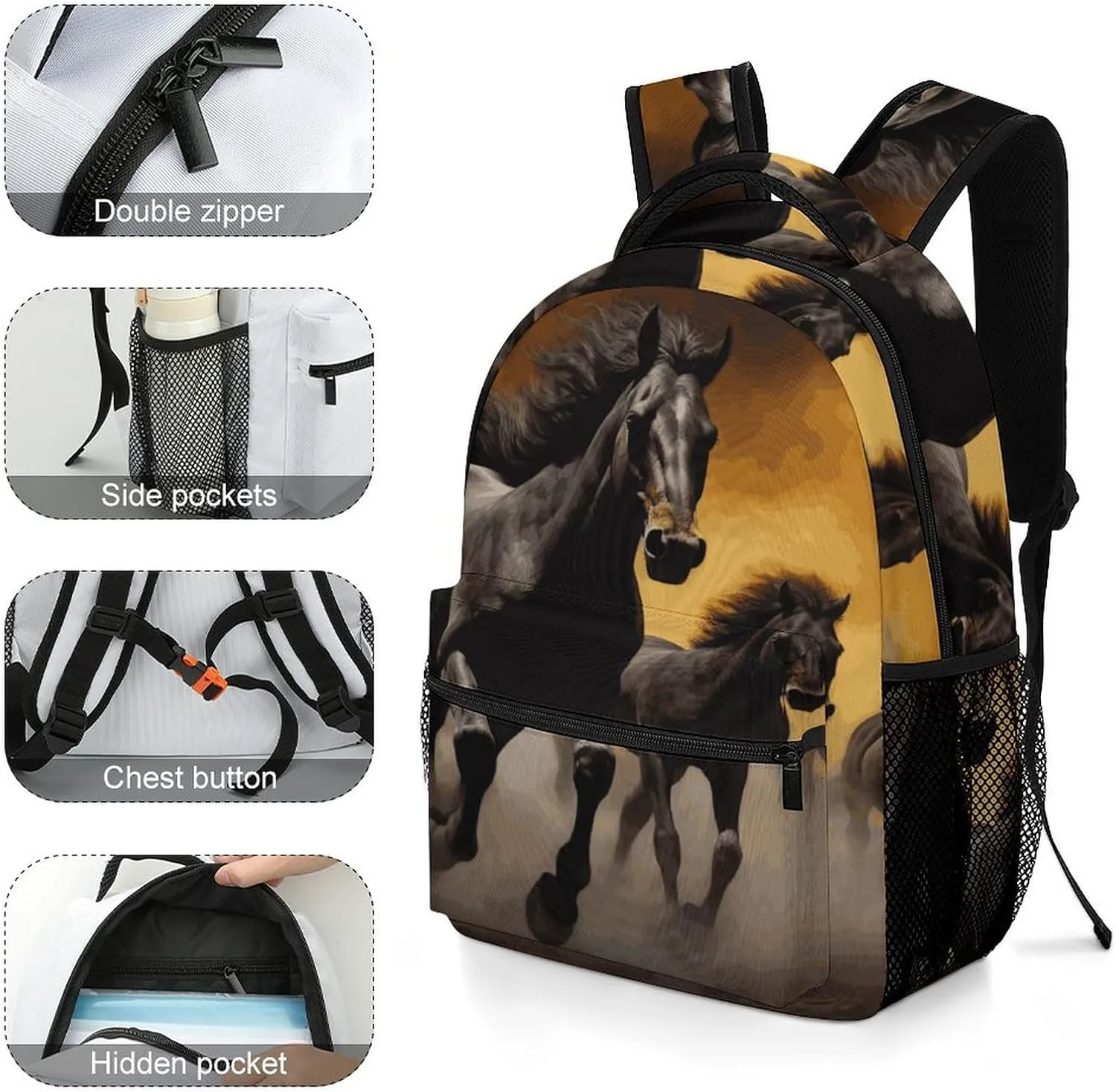 Small Backpacks Personalized Running Black Horses Printing Travel Bag Lightweight Travel Backpack For Women Men