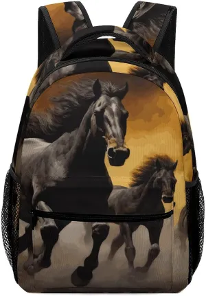 Small Backpacks Personalized Running Black Horses Printing Travel Bag Lightweight Travel Backpack For Women Men