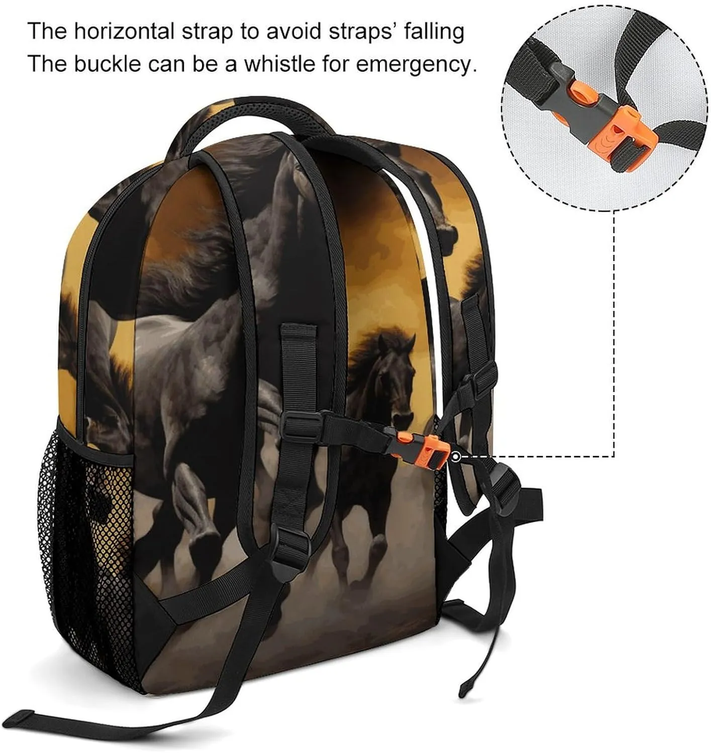 Small Backpacks Personalized Running Black Horses Printing Travel Bag Lightweight Travel Backpack For Women Men