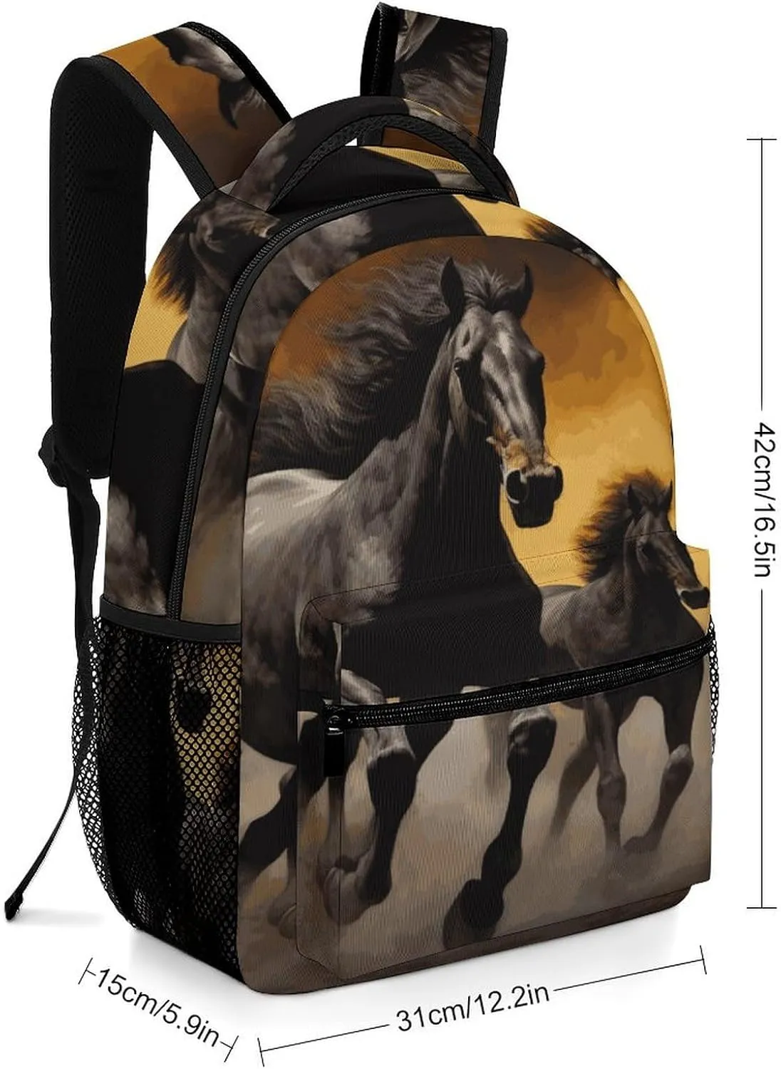 Small Backpacks Personalized Running Black Horses Printing Travel Bag Lightweight Travel Backpack For Women Men