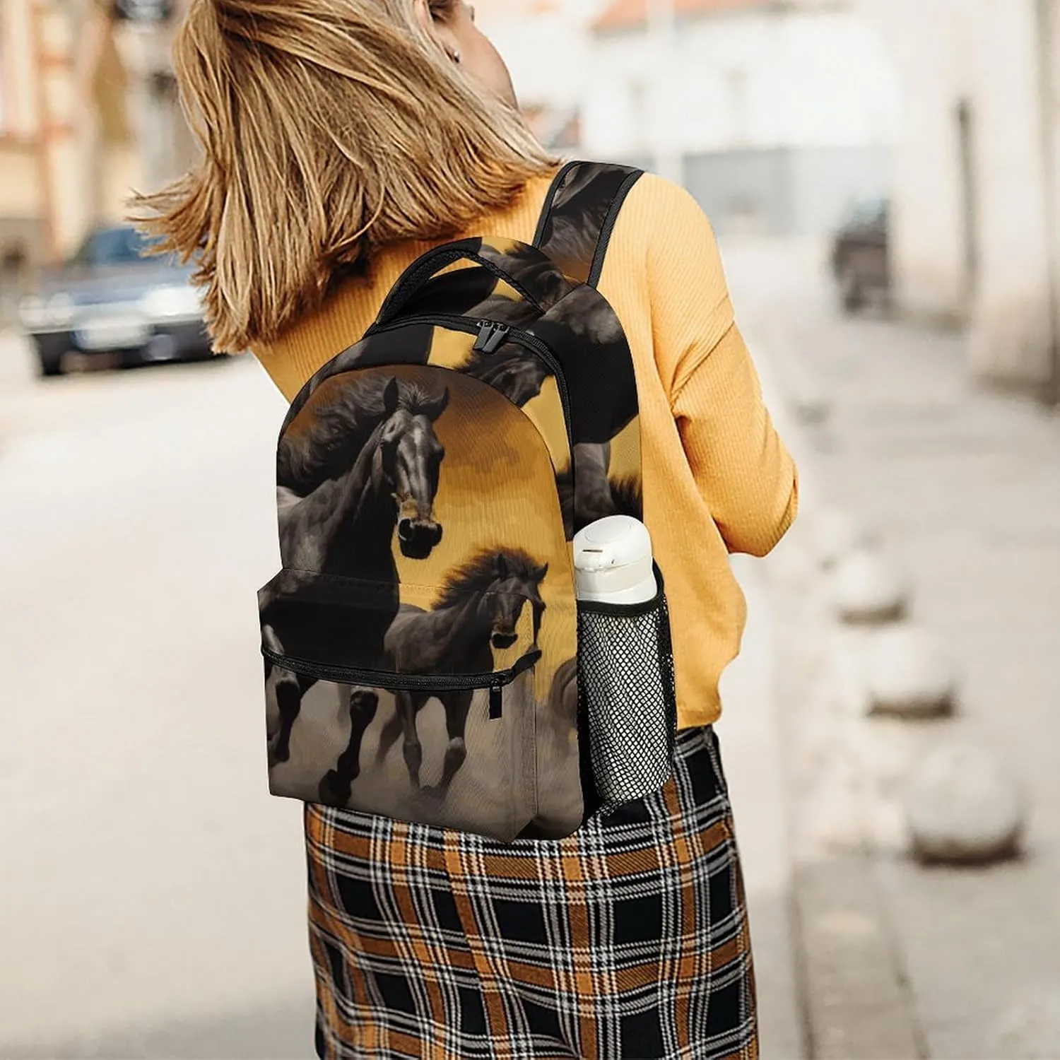 Small Backpacks Personalized Running Black Horses Printing Travel Bag Lightweight Travel Backpack For Women Men