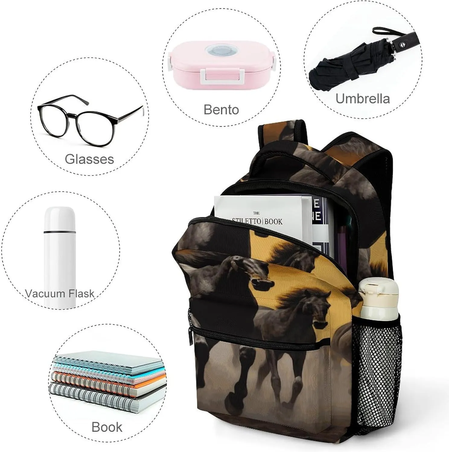 Small Backpacks Personalized Running Black Horses Printing Travel Bag Lightweight Travel Backpack For Women Men