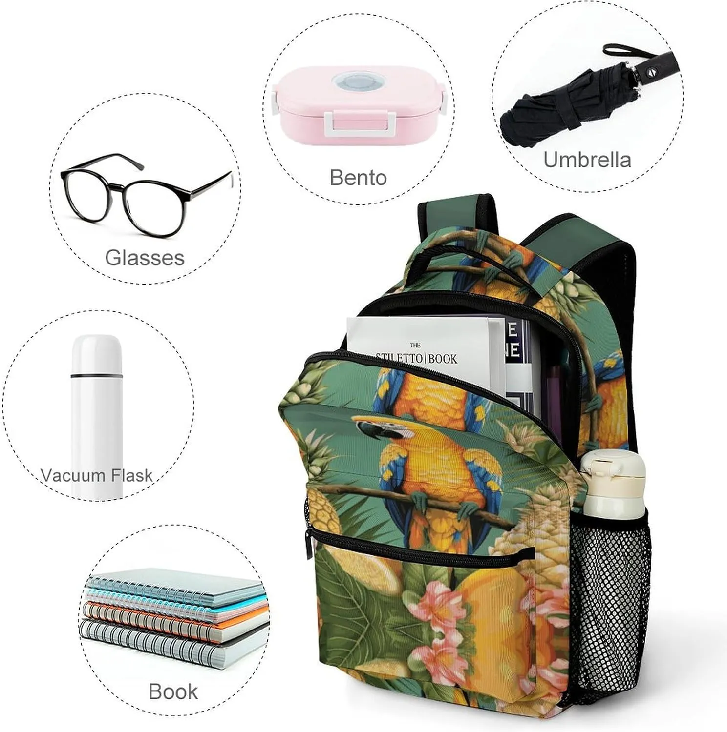 Small Backpacks Personalized Summer Parrot Pineapple Bird Printing Travel Bag Lightweight Travel Backpack For Women Men