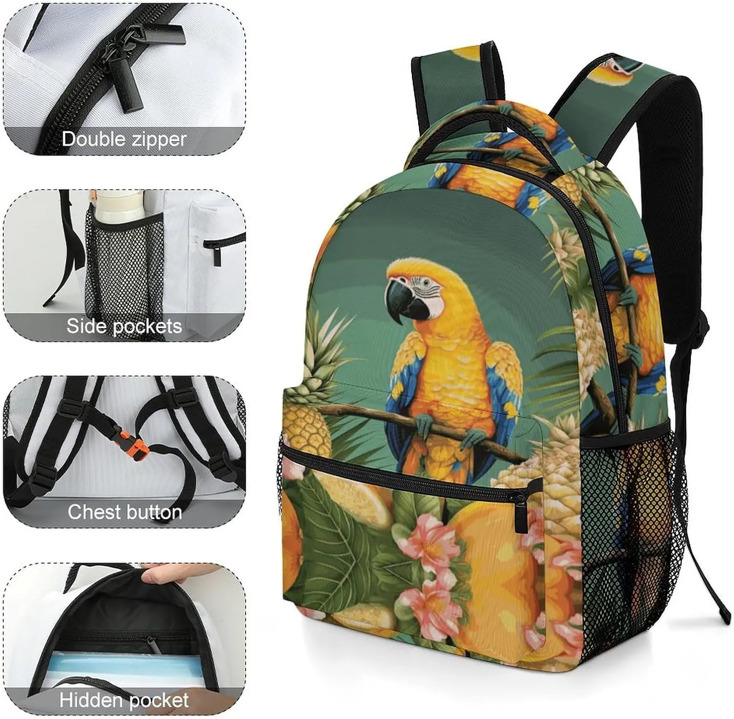 Small Backpacks Personalized Summer Parrot Pineapple Bird Printing Travel Bag Lightweight Travel Backpack For Women Men