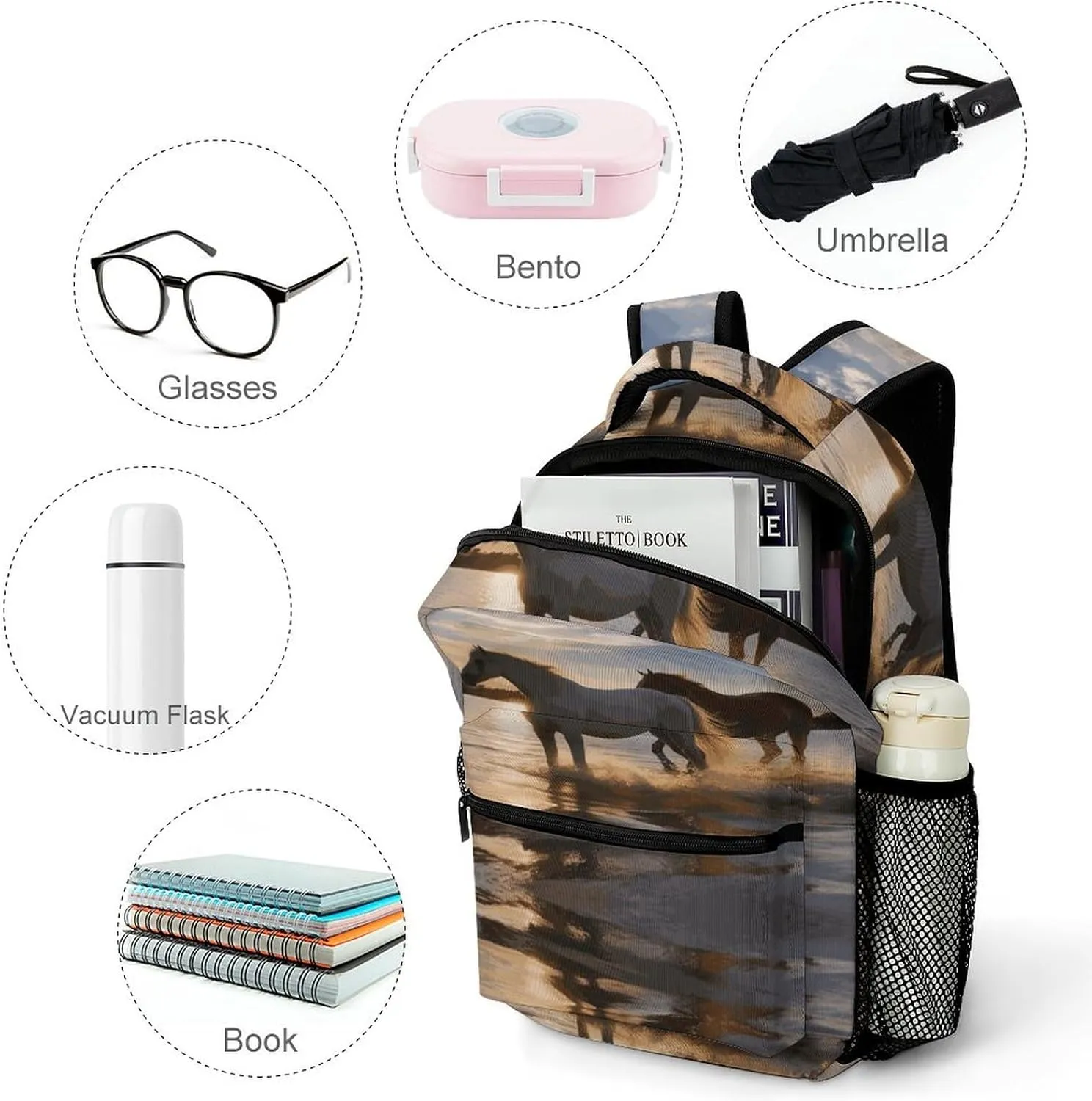 Small Backpacks Personalized Sunsets Lake Horses Printing Travel Bag Lightweight Travel Backpack For Women Men