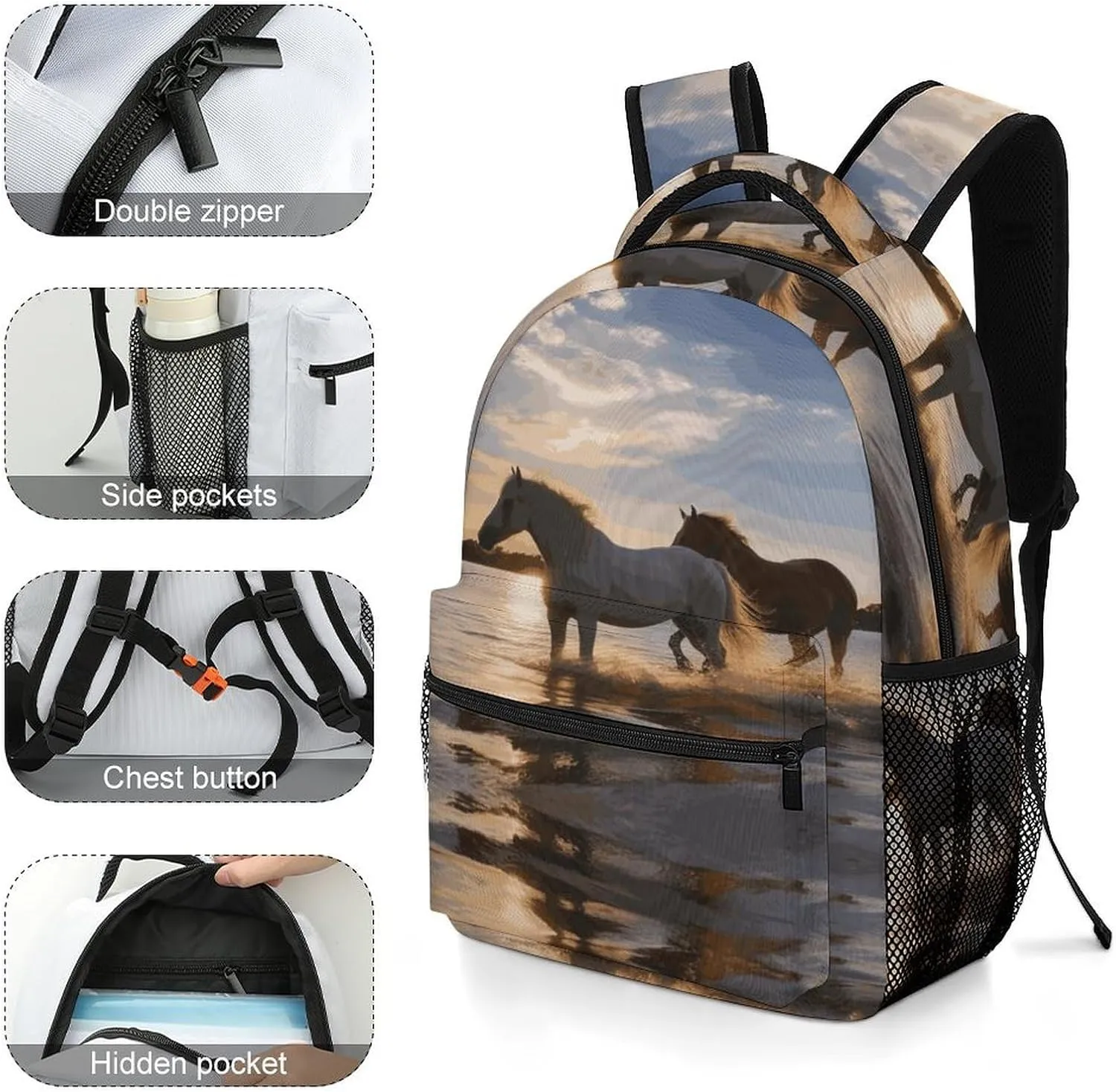 Small Backpacks Personalized Sunsets Lake Horses Printing Travel Bag Lightweight Travel Backpack For Women Men