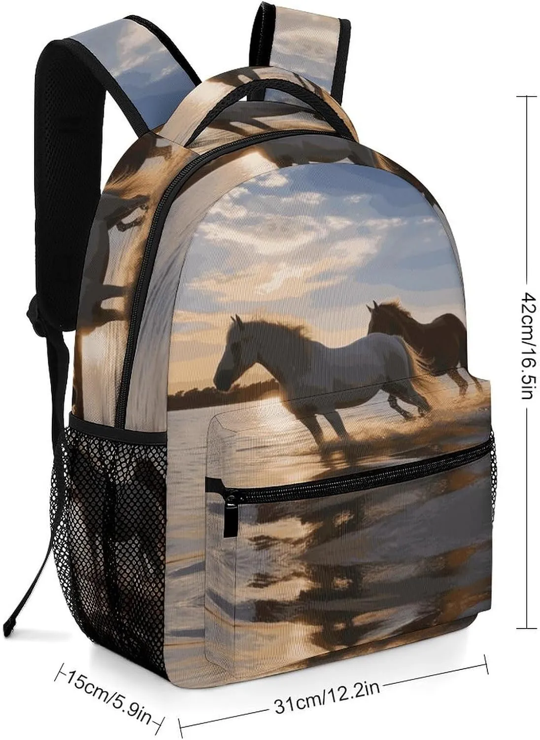 Small Backpacks Personalized Sunsets Lake Horses Printing Travel Bag Lightweight Travel Backpack For Women Men