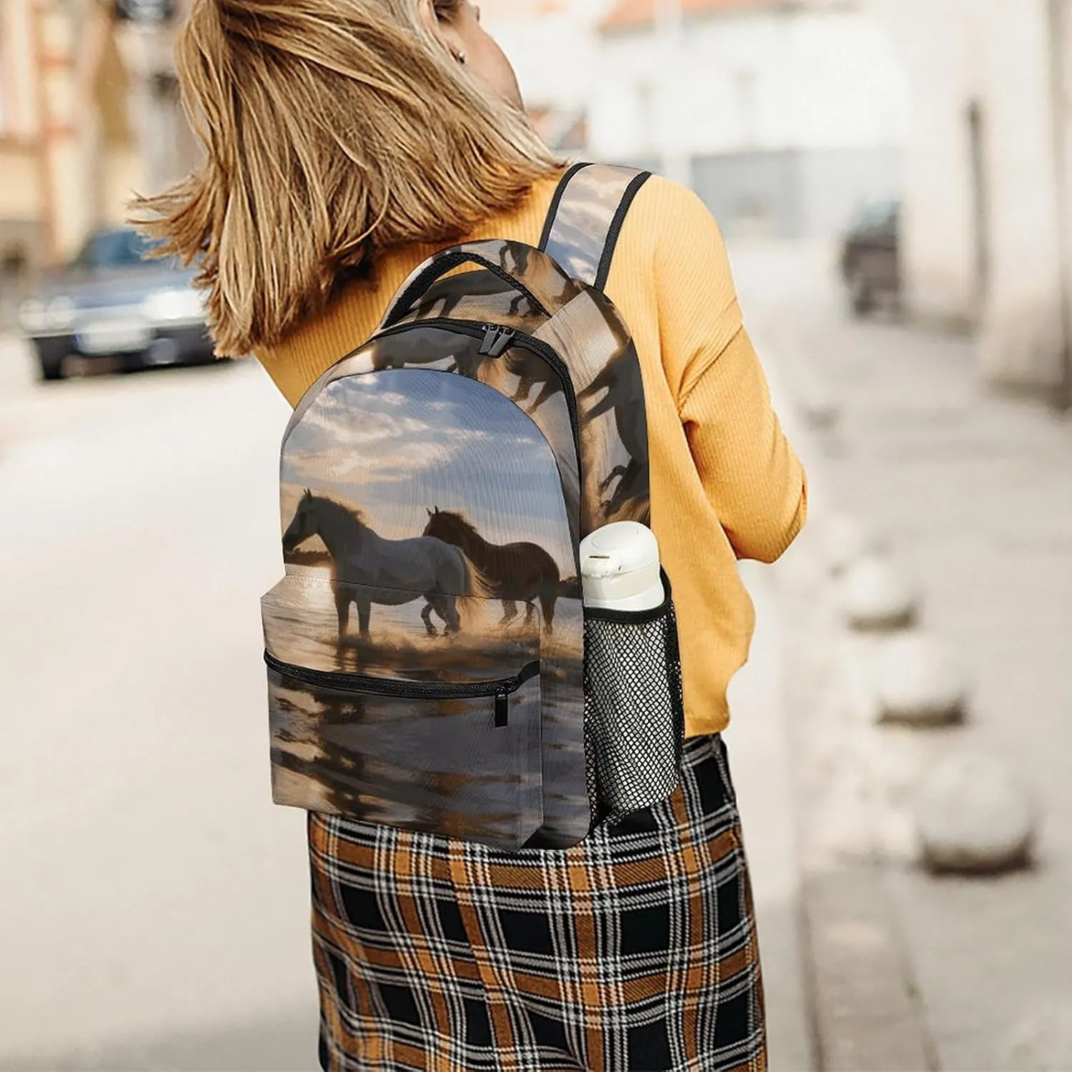 Small Backpacks Personalized Sunsets Lake Horses Printing Travel Bag Lightweight Travel Backpack For Women Men
