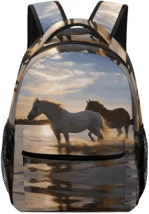 Small Backpacks Personalized Sunsets Lake Horses Printing Travel Bag Lightweight Travel Backpack For Women Men