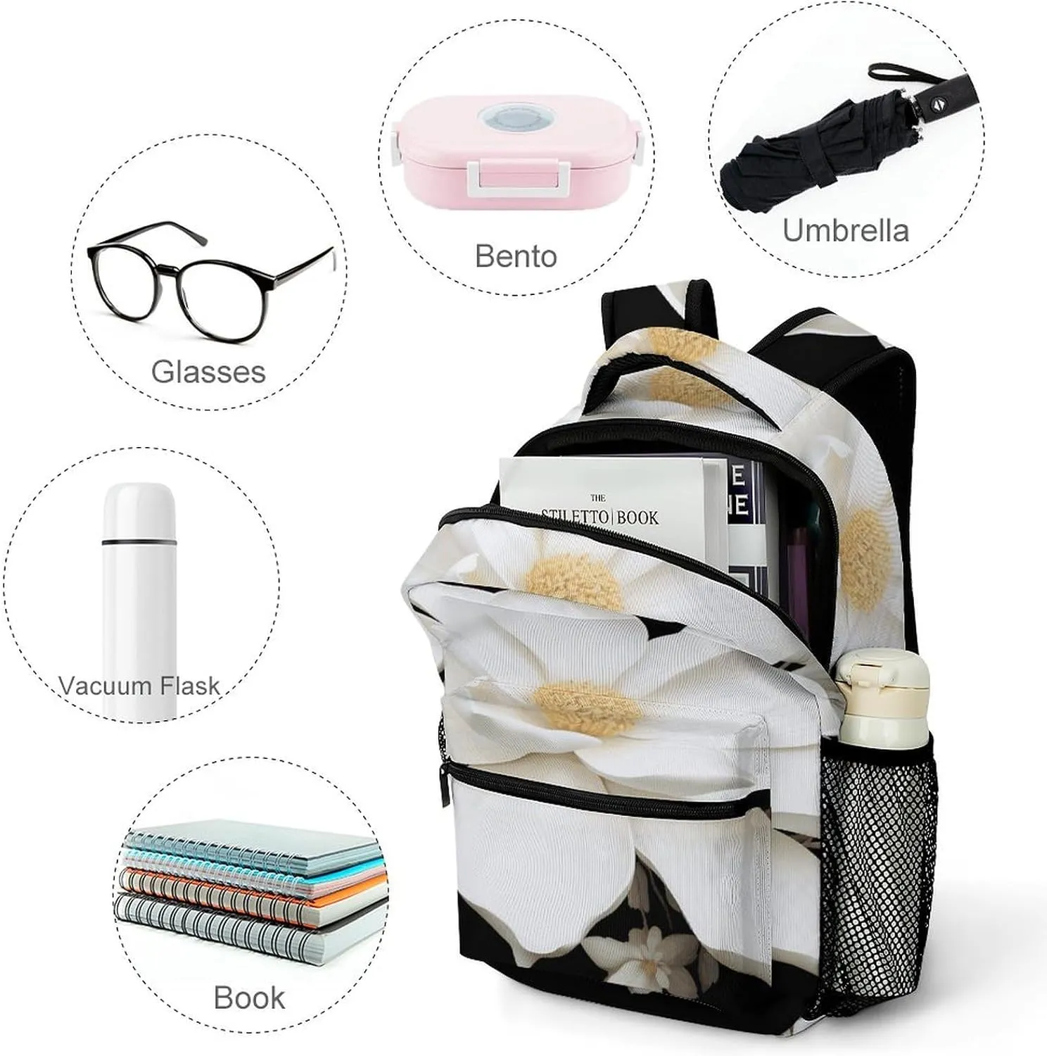 Small Backpacks Personalized White Floral Printing Travel Bag Lightweight Travel Backpack For Women Men