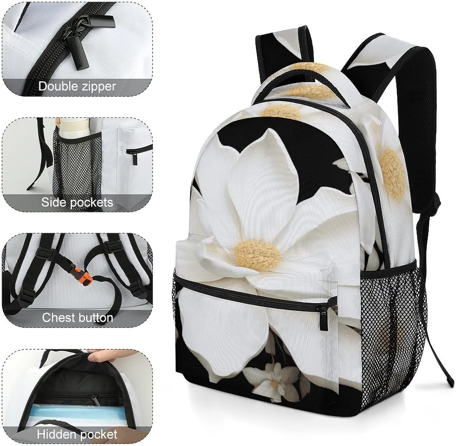 Small Backpacks Personalized White Floral Printing Travel Bag Lightweight Travel Backpack For Women Men