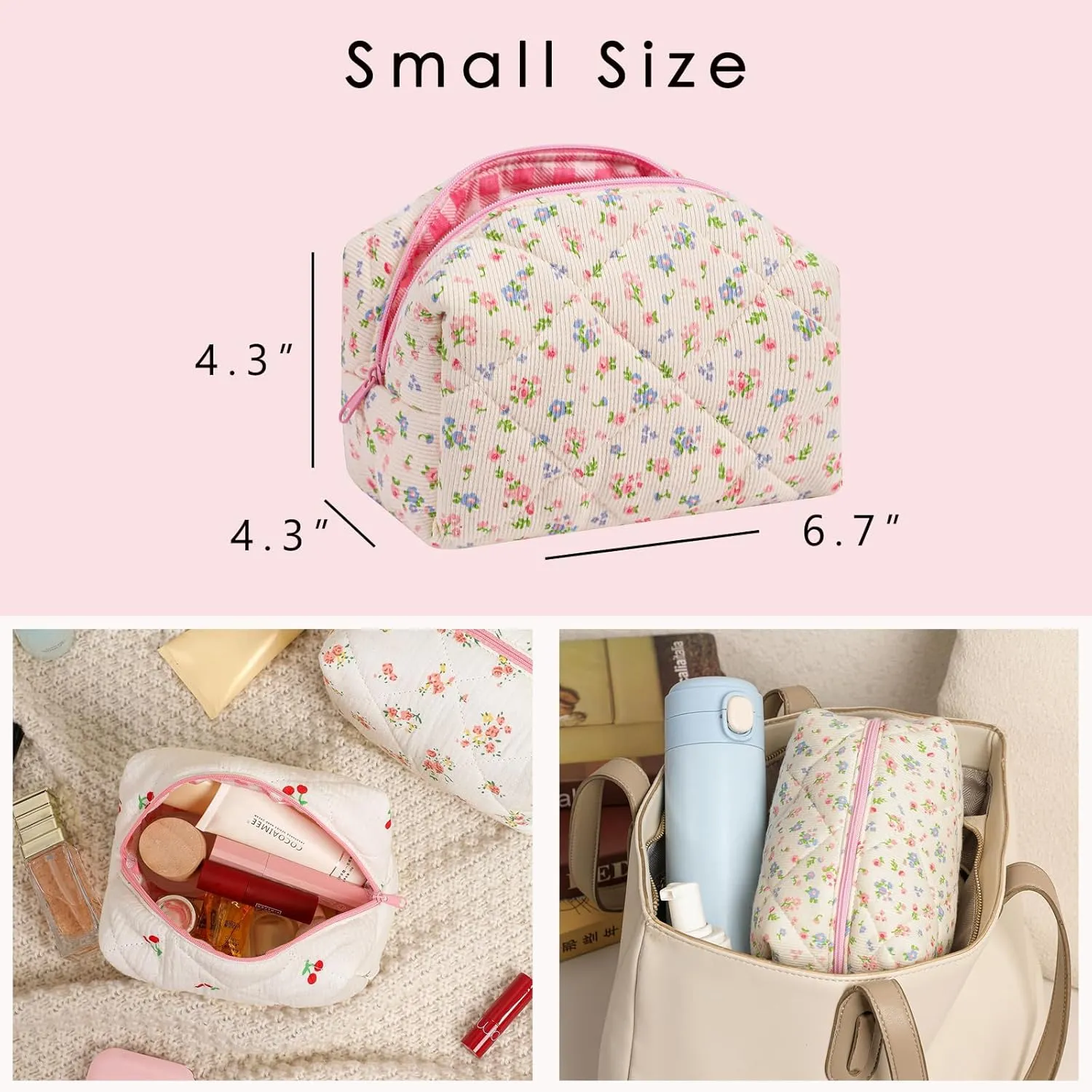 Small Quilted Cotton Makeup Bag, Cute Floral Cosmetic Bag, Cotton Aesthetic Makeup Pouch, Kawaii Travel Toiletry Bag for Women and Girls (06 Blue and Pink Flower)