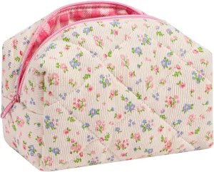 Small Quilted Cotton Makeup Bag, Cute Floral Cosmetic Bag, Cotton Aesthetic Makeup Pouch, Kawaii Travel Toiletry Bag for Women and Girls (06 Blue and Pink Flower)
