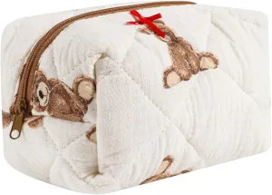 Small Quilted Cotton Makeup Bag, Cute Floral Cosmetic Bag, Cotton Aesthetic Makeup Pouch, Kawaii Travel Toiletry Bag for Women and Girls (08 Bear)