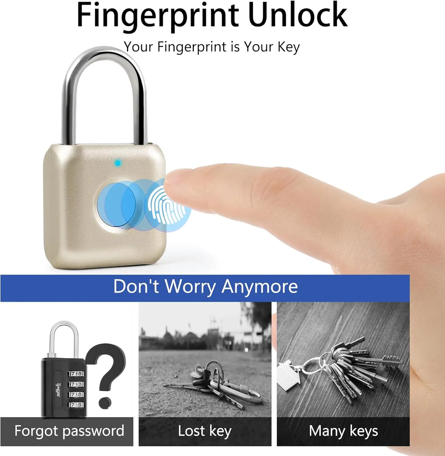 Smart Fingerprint Padlock, Combination Lock with USB Rechargeable, Waterproof, Suitable for Toolboxes, Backpacks, Suitcases, Luggage, School, Gym Lockers, Gates, Gold