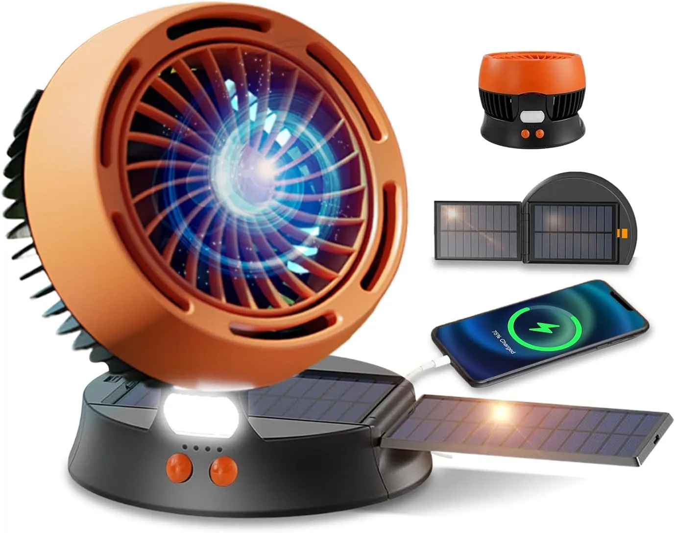 Solar Powered Fan with Lights, Portable Solar Camping Fan Rechargeable Battery Powered, 4 Speeds Quiet Detachable Panel Camping Essentials for Office Outside Tent Travel BBQ Fishing Hurricane Outages