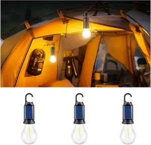 Solar Rechargeable Hooked Camping Light, LED Solar Tent Lights Battery Powered with Clip Hook, Portable Outdoor Waterproof Emergency Light Bulb for Hiking, Camping, Fishing