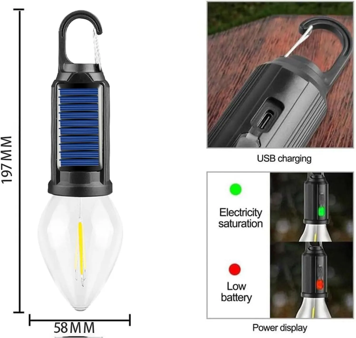 Solar Rechargeable Hooked Camping Light, Multi-Functional Waterproof Solar Tent Lights, USB Rechargeable Led Camping Lantern,Portable Clip Hook Indoor ＆ Outdoor Hanging Lantern (Tapered Style, 2)
