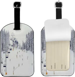 Sport Winter Holiday Travel Snow Mountain Skiing Cable Car,2 PC Luggage Tag Privacy Cover Id Tag with Stainless Steel Ring and Address Card for Travel Bag Suitcase