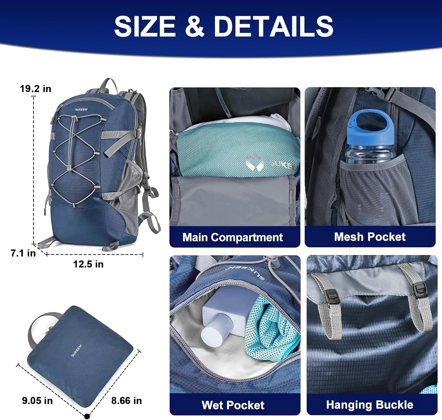 Sukeen Hiking Backpack Packable Lightweight 30L Backpack Wear Resistant Daypack for Outdoor Travel Camping Cycling