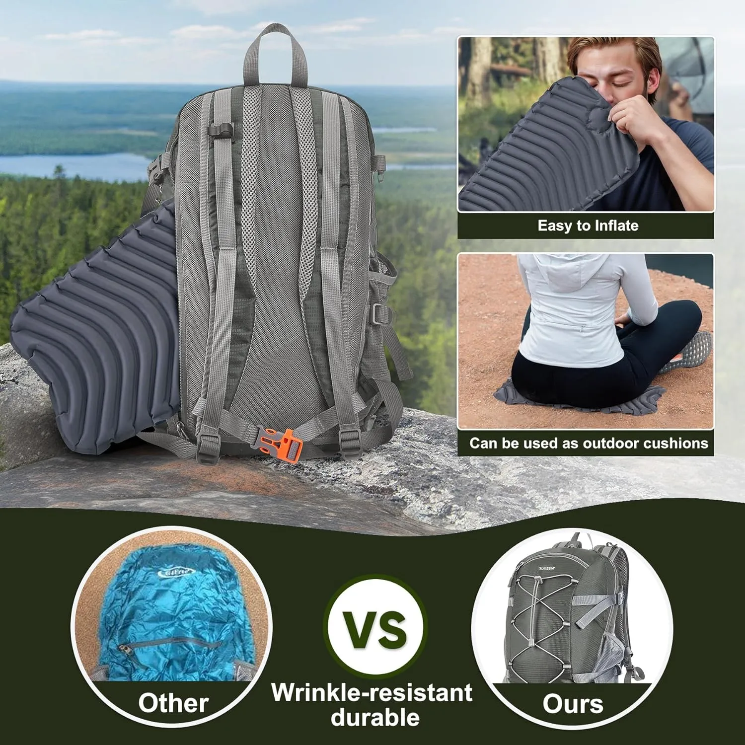 Sukeen Hiking Backpack Packable Lightweight 30L Backpack Wear Resistant Daypack for Outdoor Travel Camping Cycling