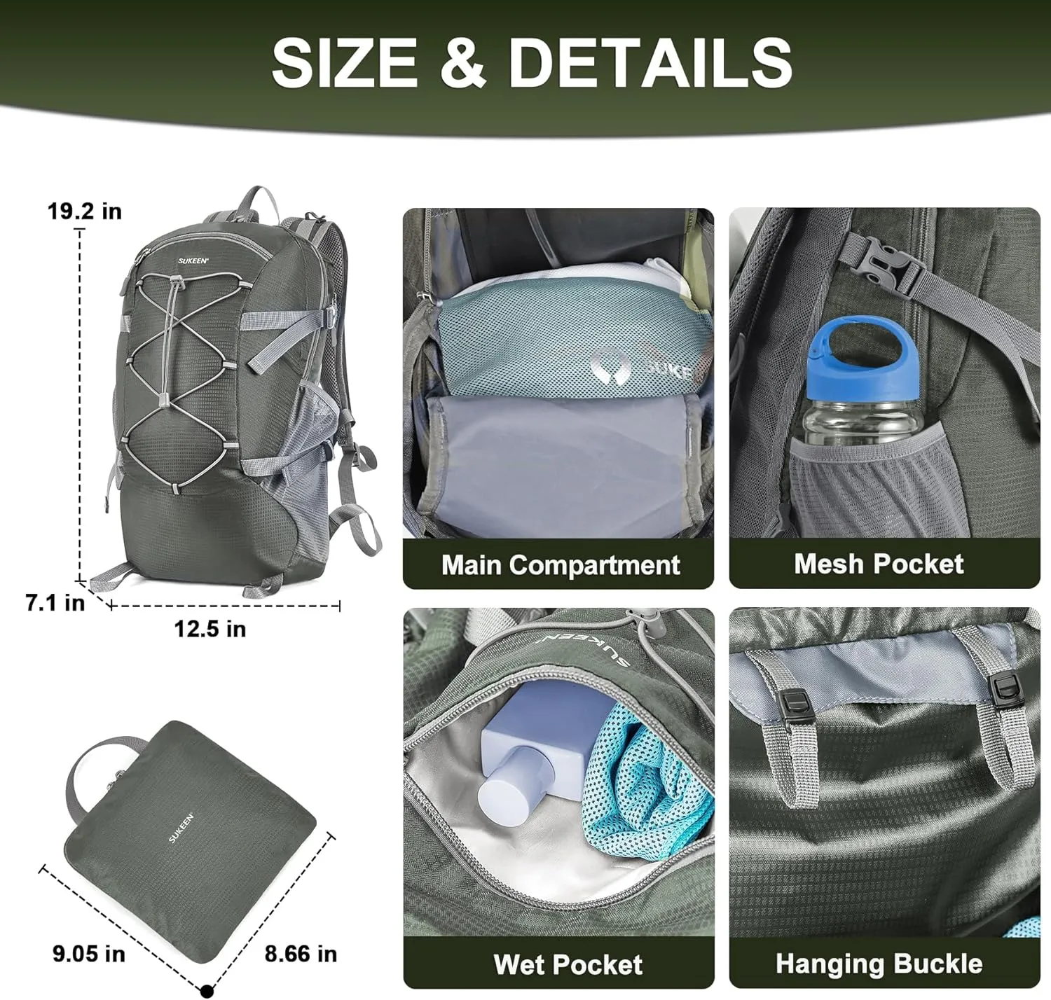 Sukeen Hiking Backpack Packable Lightweight 30L Backpack Wear Resistant Daypack for Outdoor Travel Camping Cycling