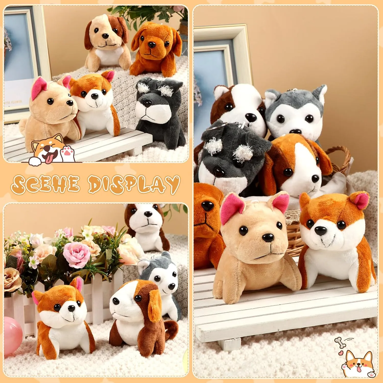 Sumind 9 Pcs 4" 5" Mini Plush Stuffed Puppy Dog Party Favor Small Dog Stuffed Animal Bulk Soft Toy Doll Cute for Kids Gift Graduation Stocking Stuffers Baby Shower Birthday(Vibrant Puppy)