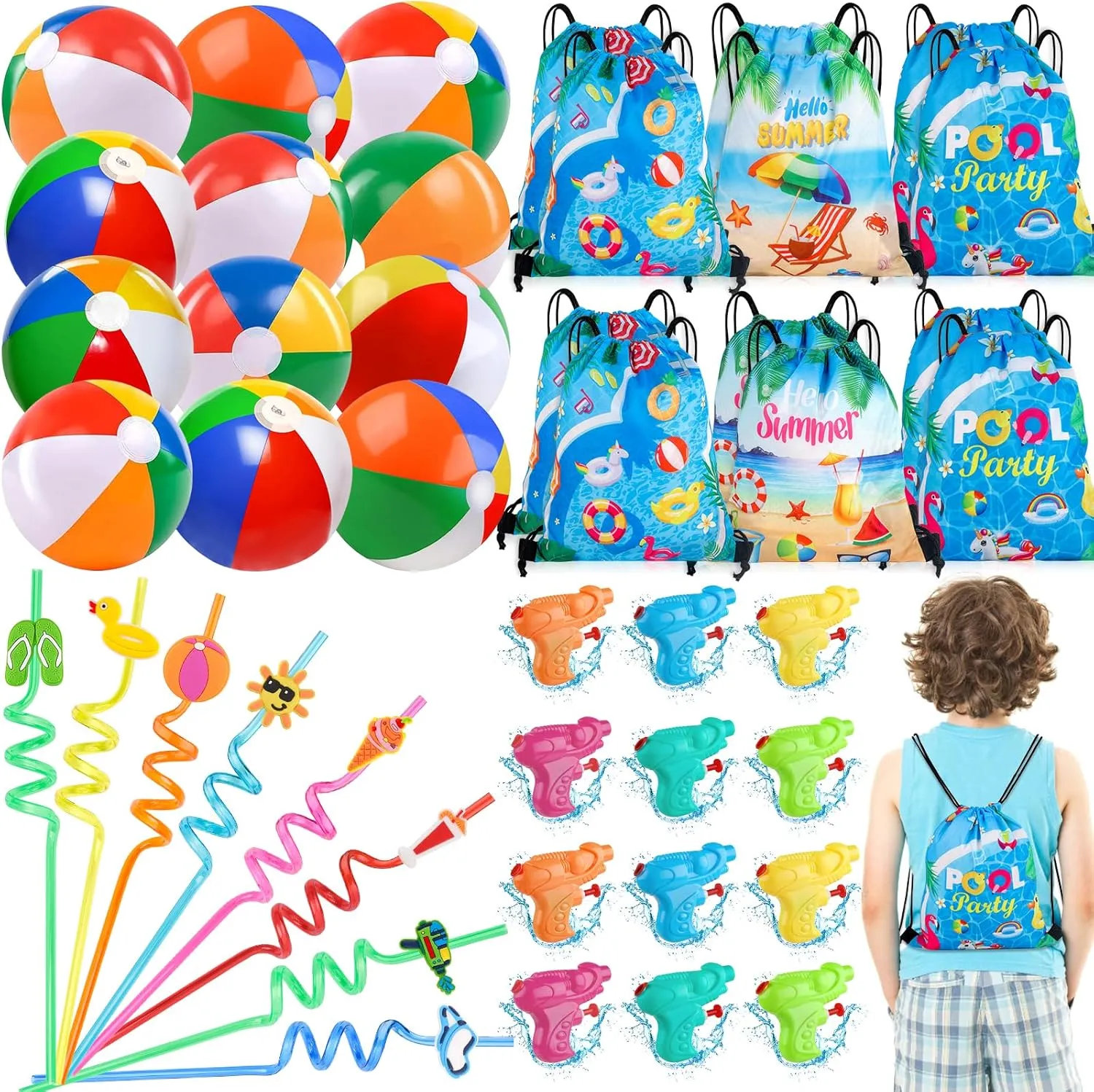 Summer Party Favors Bulk for Kids – 12 Pack Pool Beach Party Favors for Goodie Bag Stuffers Birthdays & End of Year Gifts | Summer Pool Toys, Beach Balls, Straws, Drawstring Bags