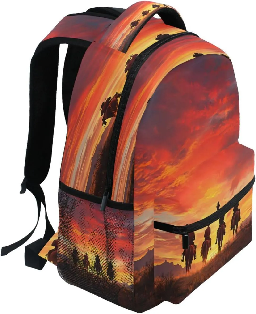 Sunset Cowboy Riding Troop Backpacks with Name Tag School Bags for Boys Girls,16 in Notebook Book Bag Travel Hiking Camping Daypack-S
