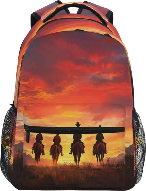 Sunset Cowboy Riding Troop Backpacks with Name Tag School Bags for Boys Girls,16 in Notebook Book Bag Travel Hiking Camping Daypack-S