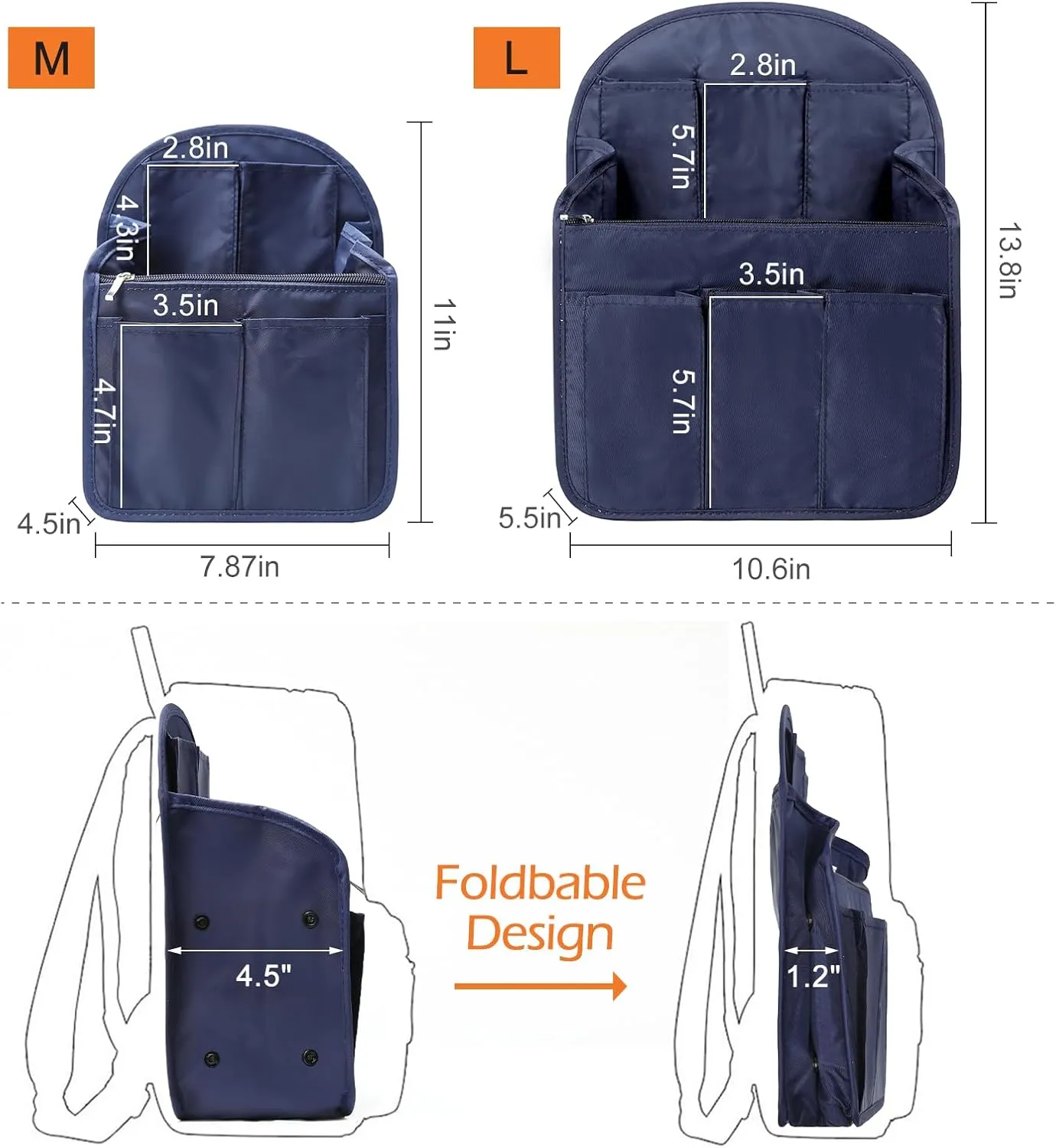 Surblue Backpack Organizer Insert Liner Hanging Travel Rucksack Purse and Handbag Insert Pocket, High-capacity Divider Foldable Nylon Shoulder Bag Organizer for Men and Women, (Navy, M)