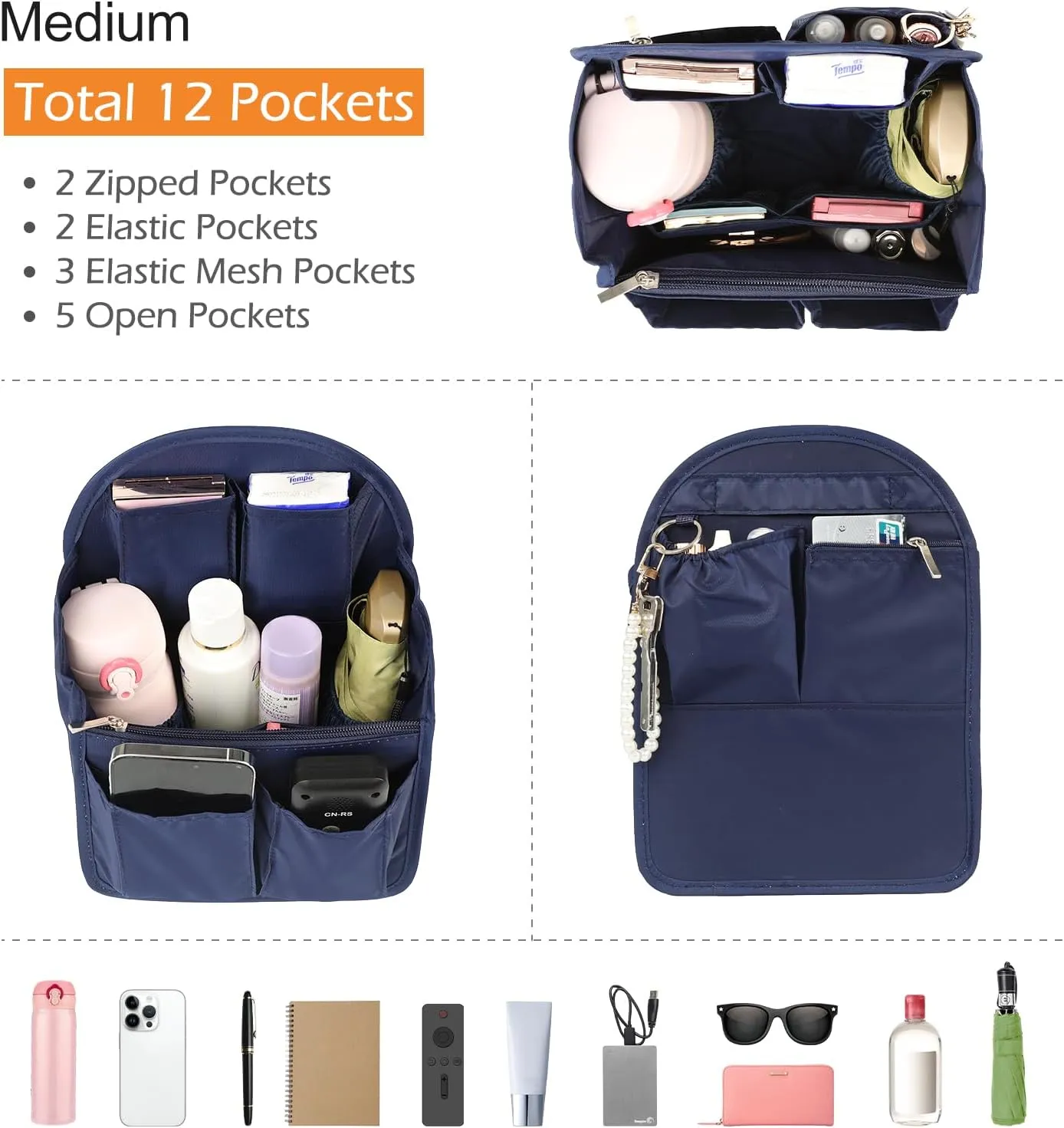 Surblue Backpack Organizer Insert Liner Hanging Travel Rucksack Purse and Handbag Insert Pocket, High-capacity Divider Foldable Nylon Shoulder Bag Organizer for Men and Women, (Navy, M)