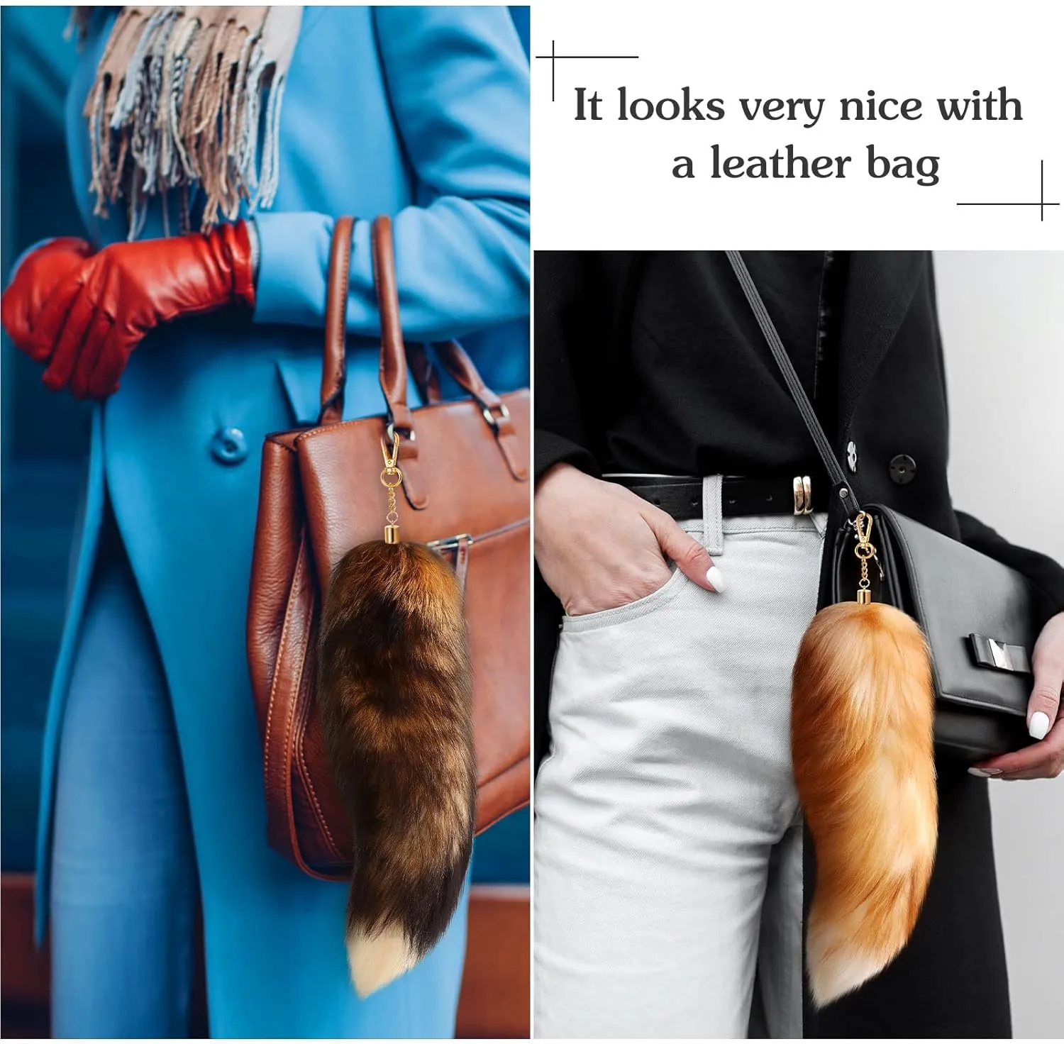 Sureio Huge Fluffy Real Fox Tail Fur Keychain for Women Wolf Tail Keychain Gift for Party