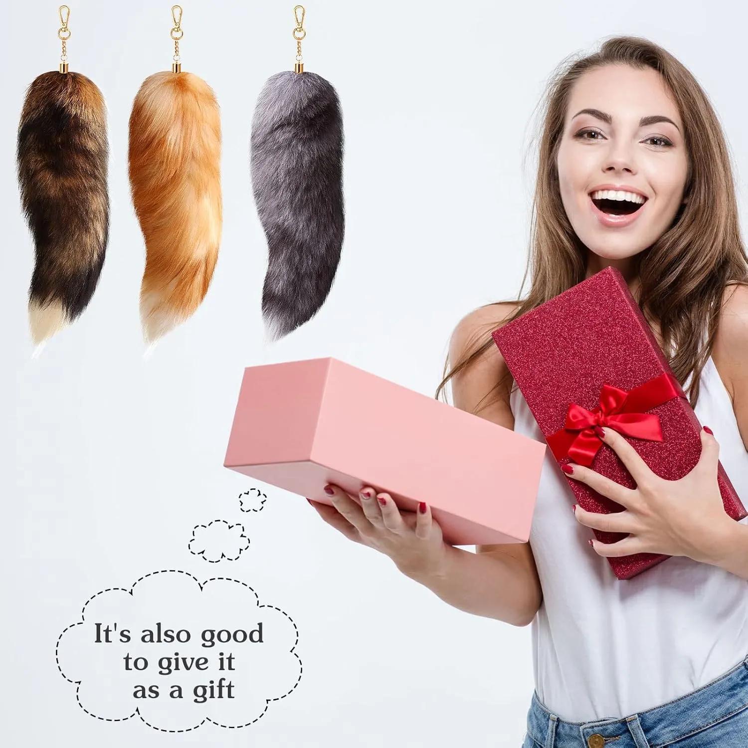 Sureio Huge Fluffy Real Fox Tail Fur Keychain for Women Wolf Tail Keychain Gift for Party