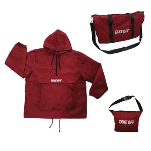 TAKE OFF 3-in-1 Duffle Bag Jacket, Converts Pouch to Duffle bag to Jacket, Kangaroo Pocket, Lightweight Jacket, Fit for Travel, Waterproof Rain Duffle Bag Jacket, Red, Small