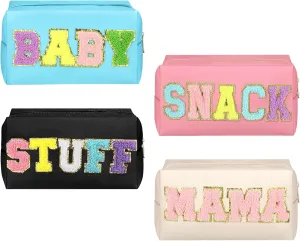 Talltalk 4 Pcs Preppy Makeup Bags Travel Cosmetic Bag Organizer Pouch Baby Snack Mama Stuff Chenille Letter Toiletry Bag PU Leather Portable Waterproof Toiletry Bag for Christmas Women Girls Gifts