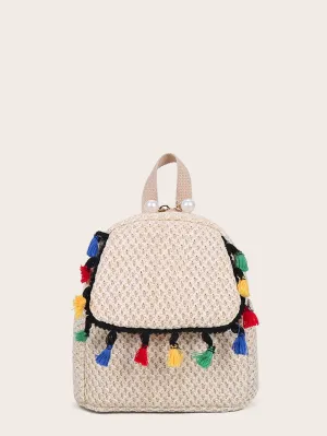 Tassel Decor Flap Woven Backpack