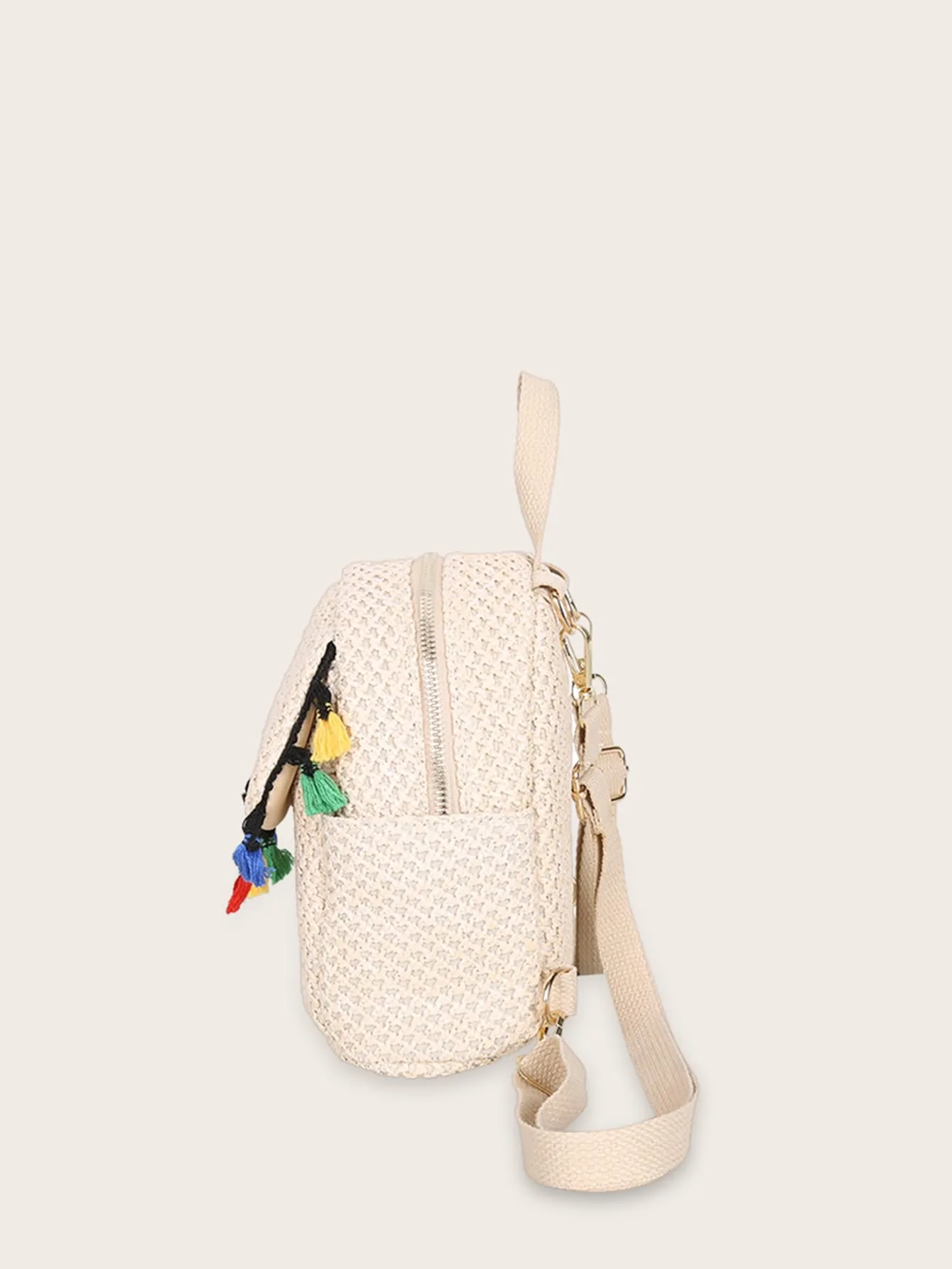 Tassel Decor Flap Woven Backpack
