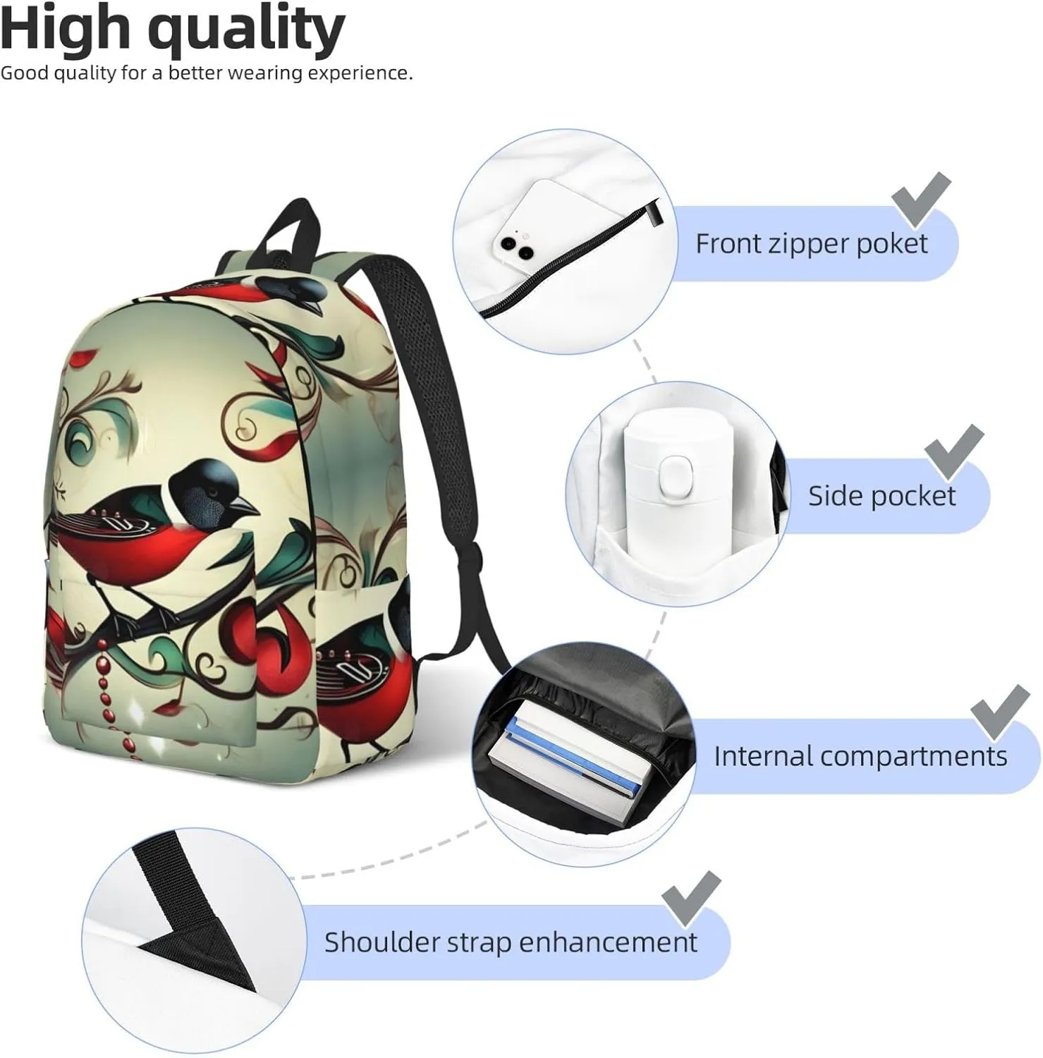 Teal Birds Musical Note print Hiking Backpack Casual Daypack Outdoor Travel Backpacks Bookbag for Men Women Adult