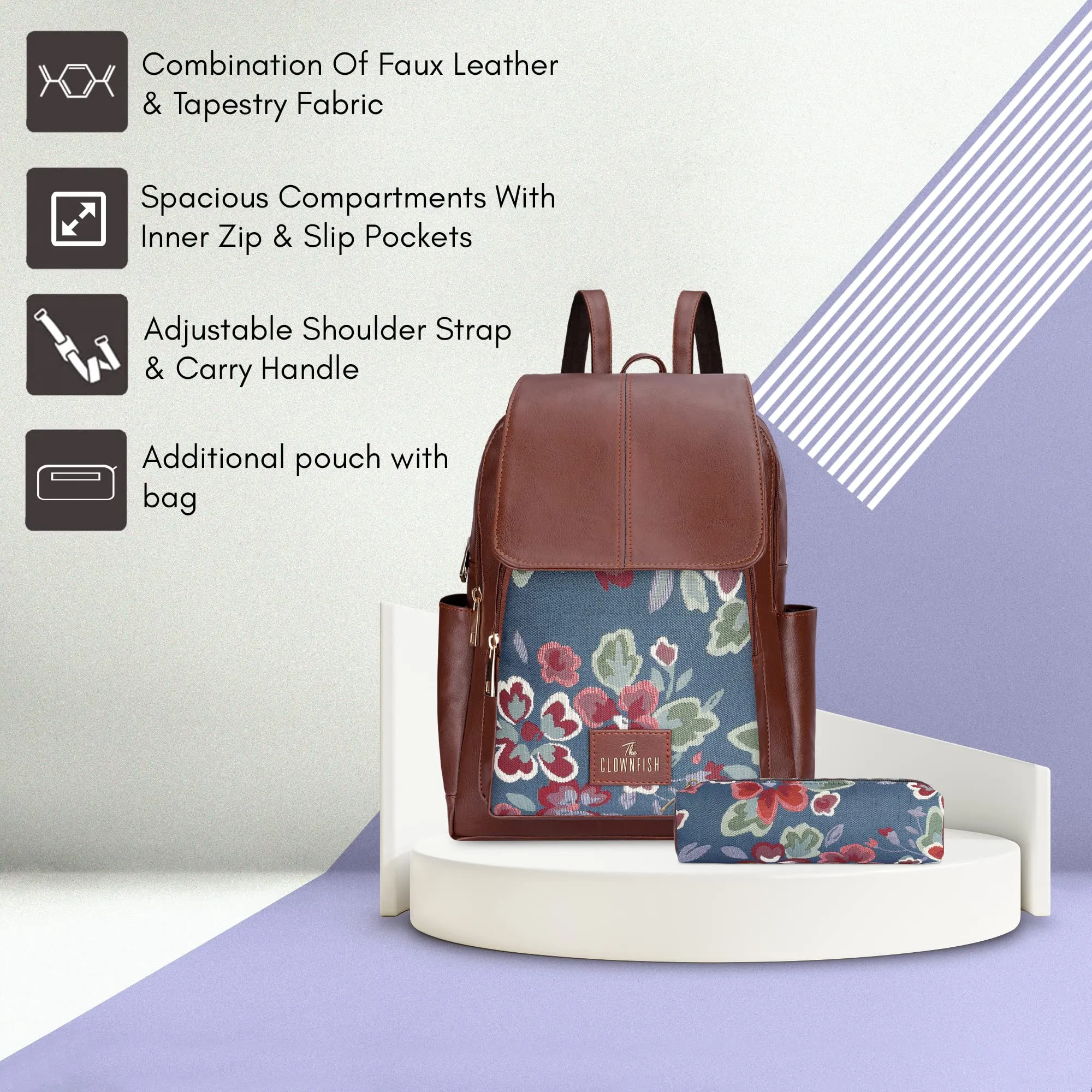 THE CLOWNFISH 10 Litres Medium Size Combo Of Minerva Faux Leather & Tapestry Womens Backpack College School Girls Bag Travel Backpack For Ladies & Expert Series Pencil Pouch Pen Case (Persian Blue)
