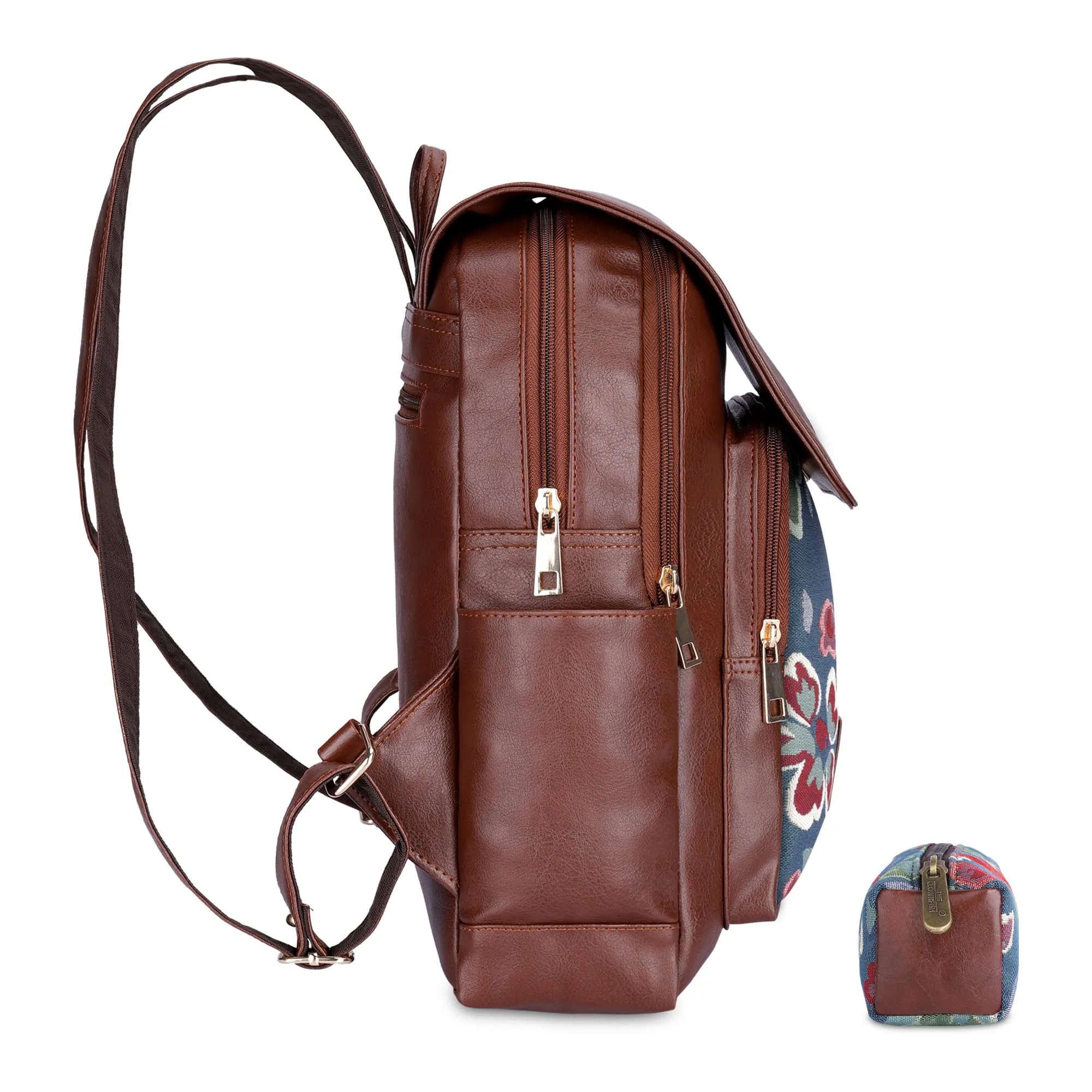 THE CLOWNFISH 10 Litres Medium Size Combo Of Minerva Faux Leather & Tapestry Womens Backpack College School Girls Bag Travel Backpack For Ladies & Expert Series Pencil Pouch Pen Case (Persian Blue)