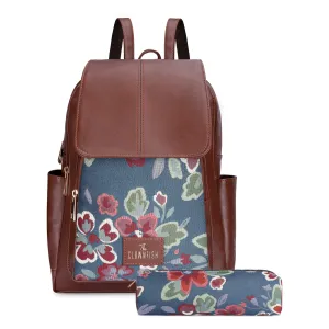 THE CLOWNFISH 10 Litres Medium Size Combo Of Minerva Faux Leather & Tapestry Womens Backpack College School Girls Bag Travel Backpack For Ladies & Expert Series Pencil Pouch Pen Case (Persian Blue)