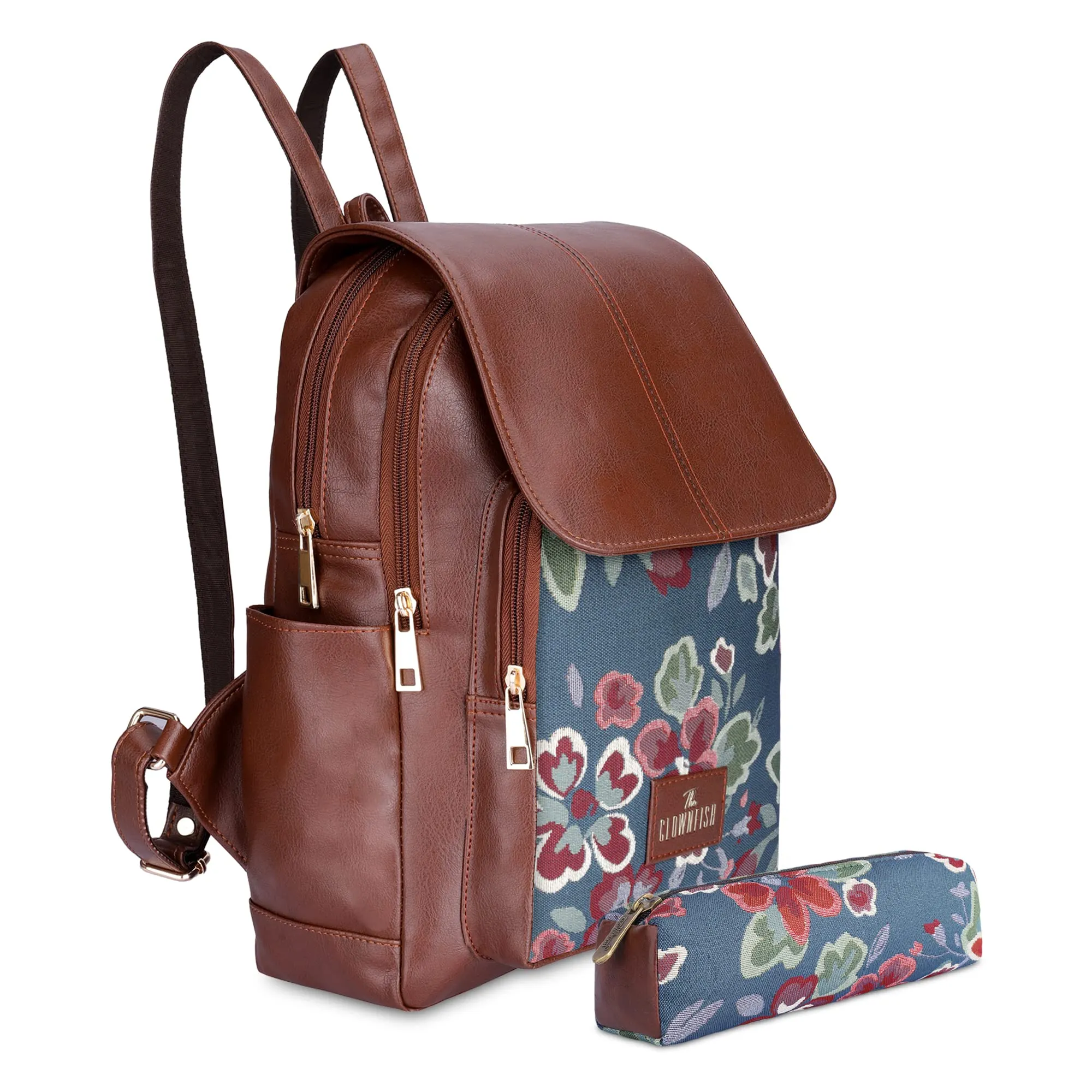 THE CLOWNFISH 10 Litres Medium Size Combo Of Minerva Faux Leather & Tapestry Womens Backpack College School Girls Bag Travel Backpack For Ladies & Expert Series Pencil Pouch Pen Case (Persian Blue)