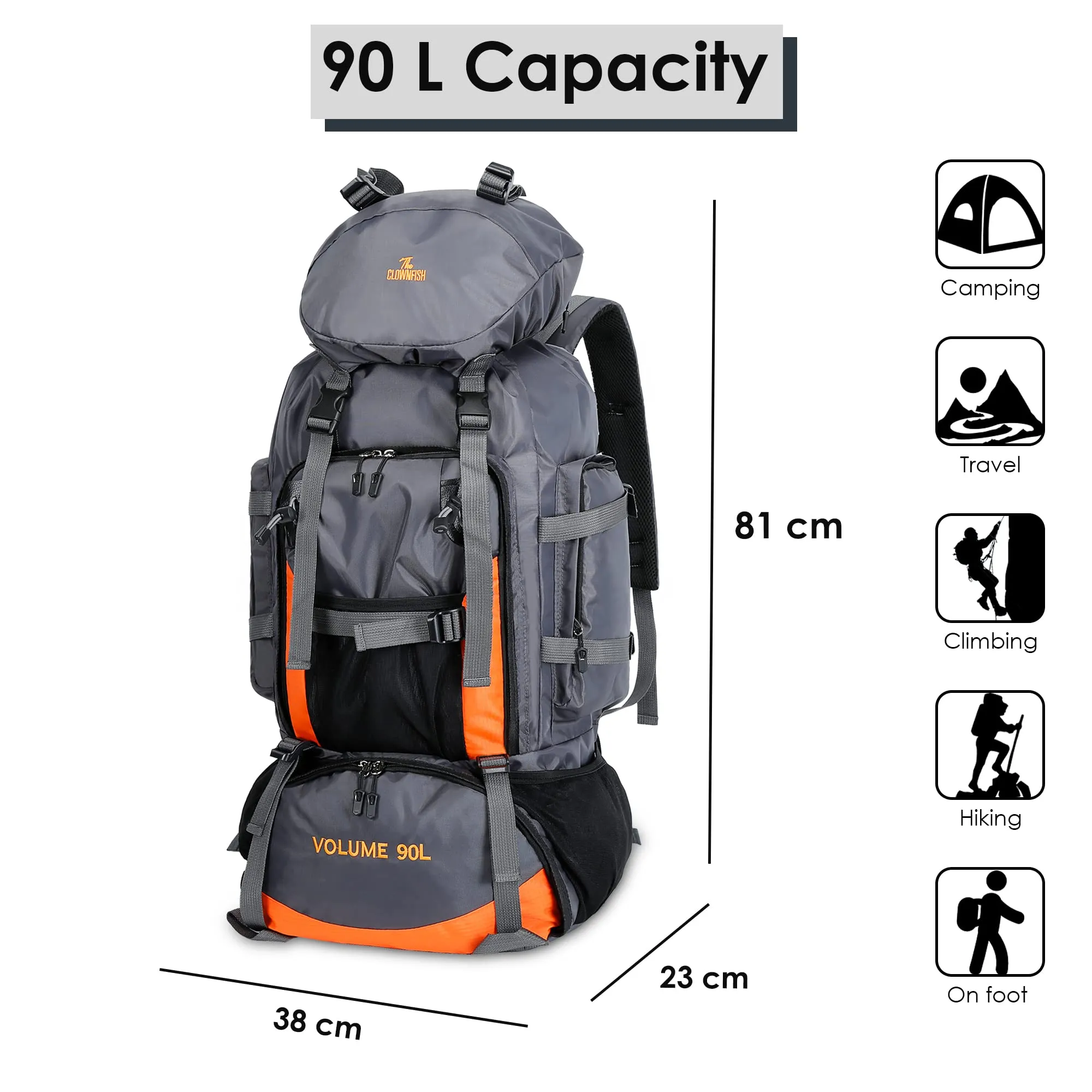 THE CLOWNFISH Summit Seeker 90L Rucksack - Water Resistant, Ergonomic | Adjustable Straps | Light Grey