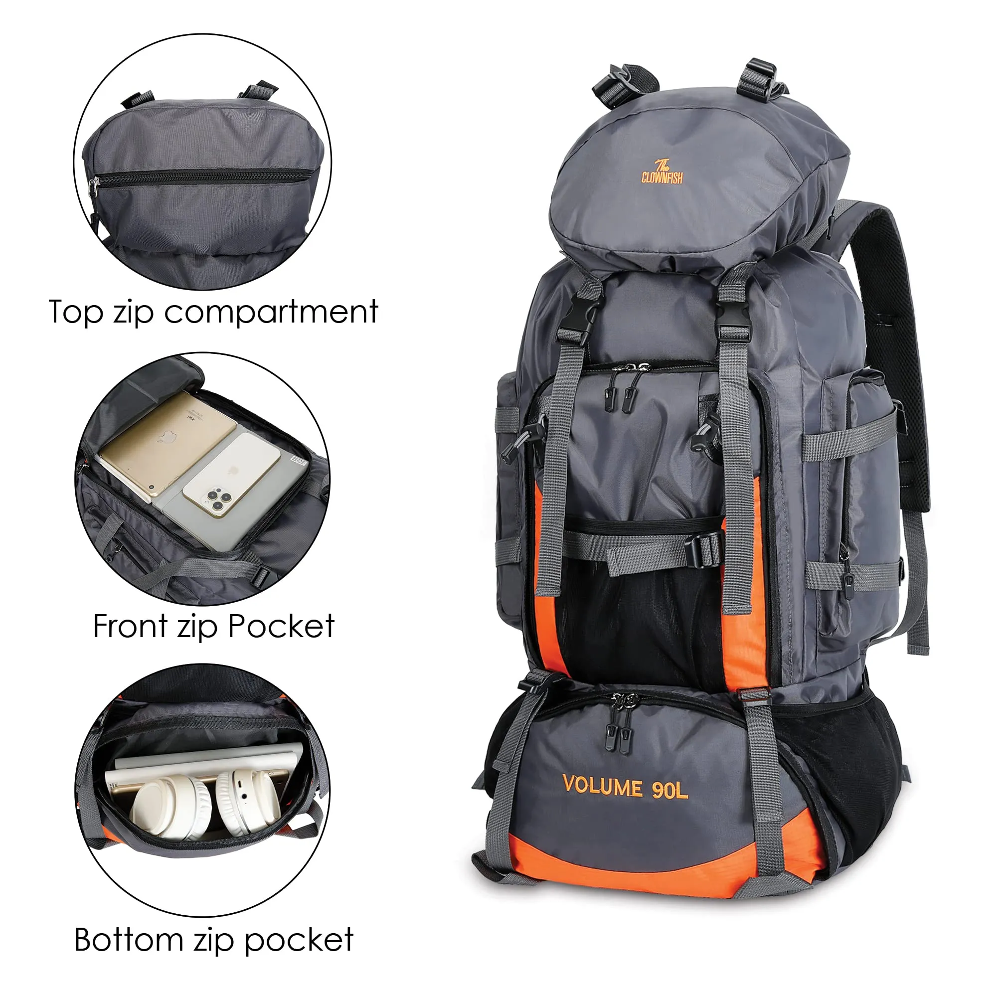 THE CLOWNFISH Summit Seeker 90L Rucksack - Water Resistant, Ergonomic | Adjustable Straps | Light Grey