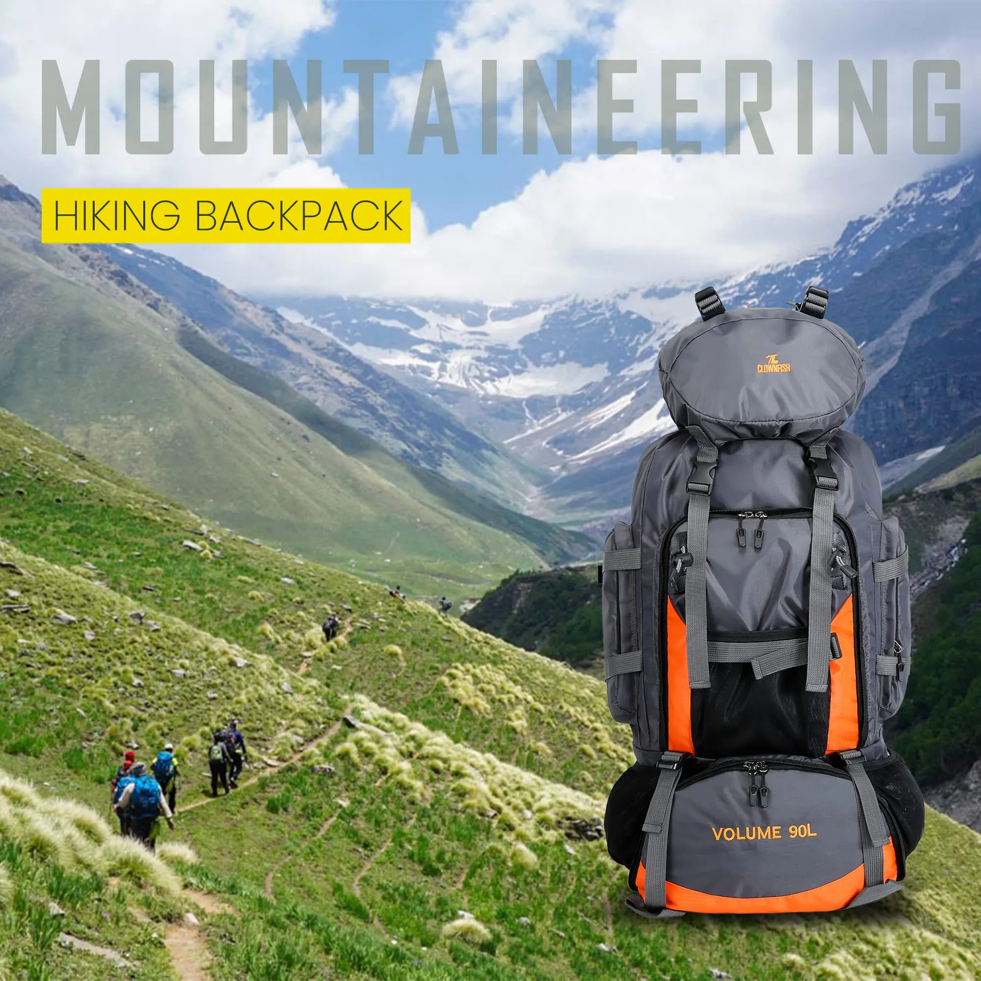 THE CLOWNFISH Summit Seeker 90L Rucksack - Water Resistant, Ergonomic | Adjustable Straps | Light Grey