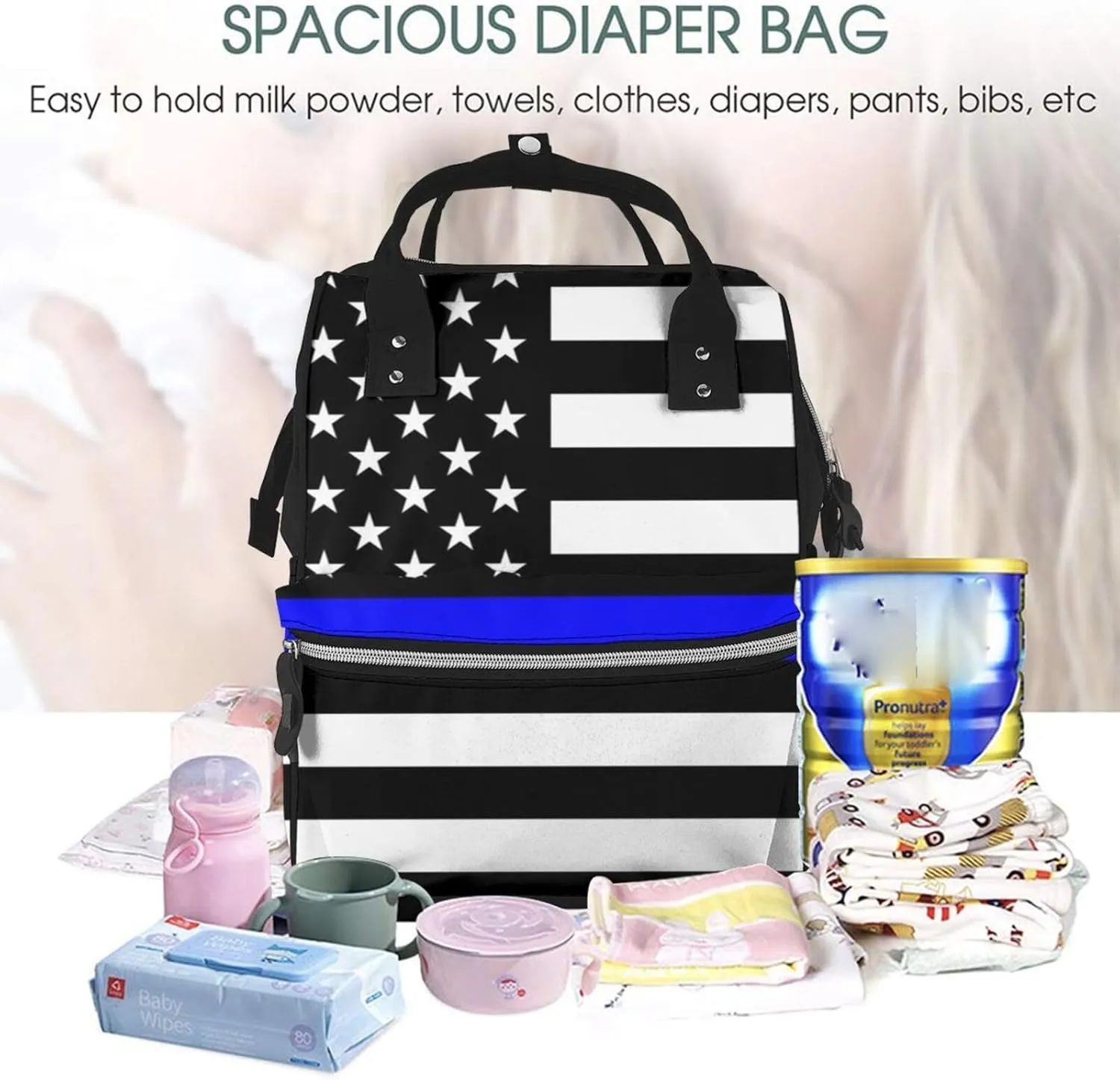 Thin Blue Line Polices Memorial Flag Large Capacity Mummy Maternity Bag Multifunctional Diaper Backpack 3D Print Travel Backpack