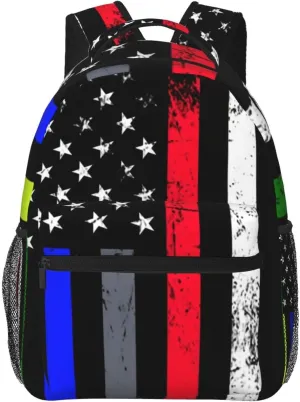 Thin Blue Red Green Line American Flag Backpacks 15in Laptop Backpack Multipurpose Double Shoulder Bag For Men Women Gifts