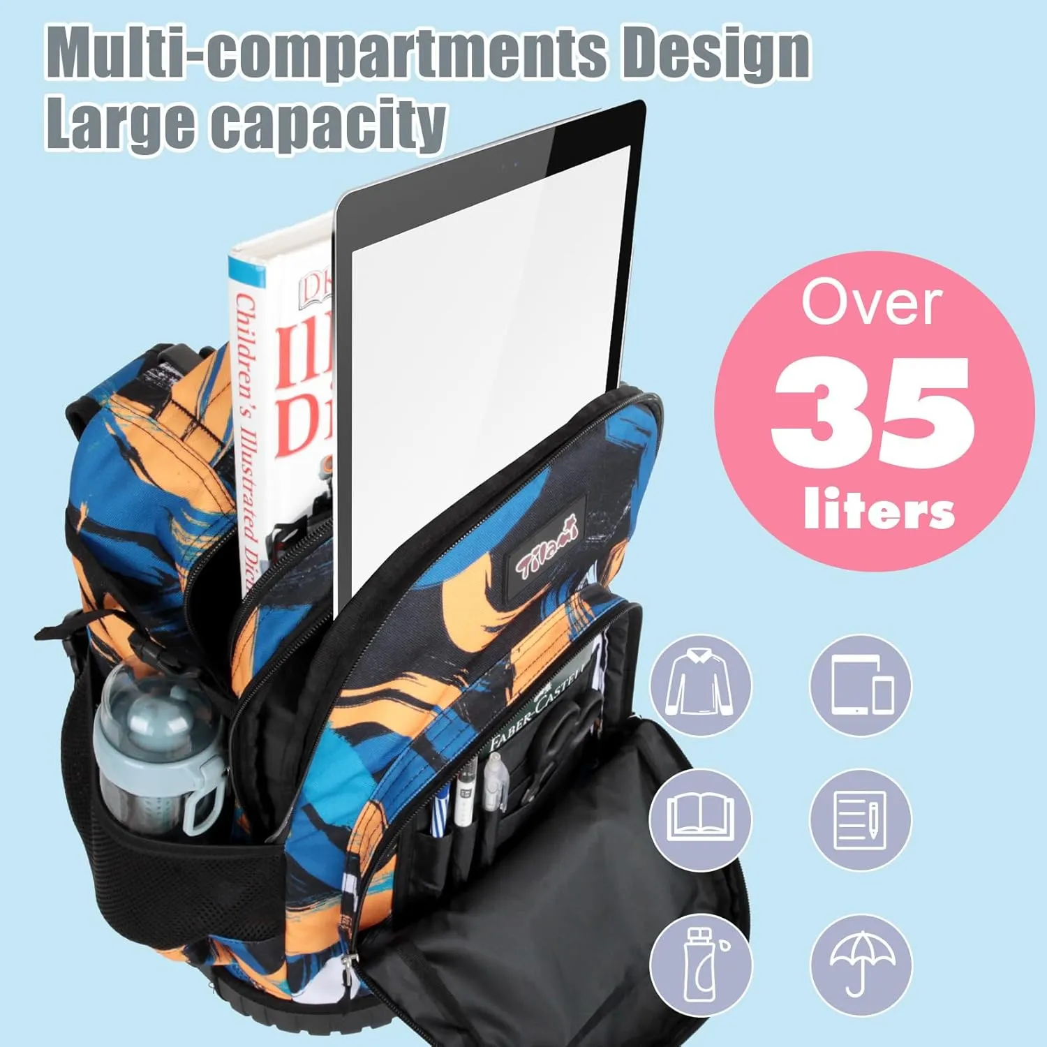 Tilami Rolling Backpack & Lunch bag for Kids 19 Inch Wheeled Bookbag for Boys & Girls for School & Travel,Arts orange